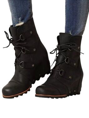 Sorel Joan of Arctic Wedge Mid Waterproof Black Leather Boots EU 38 US 8